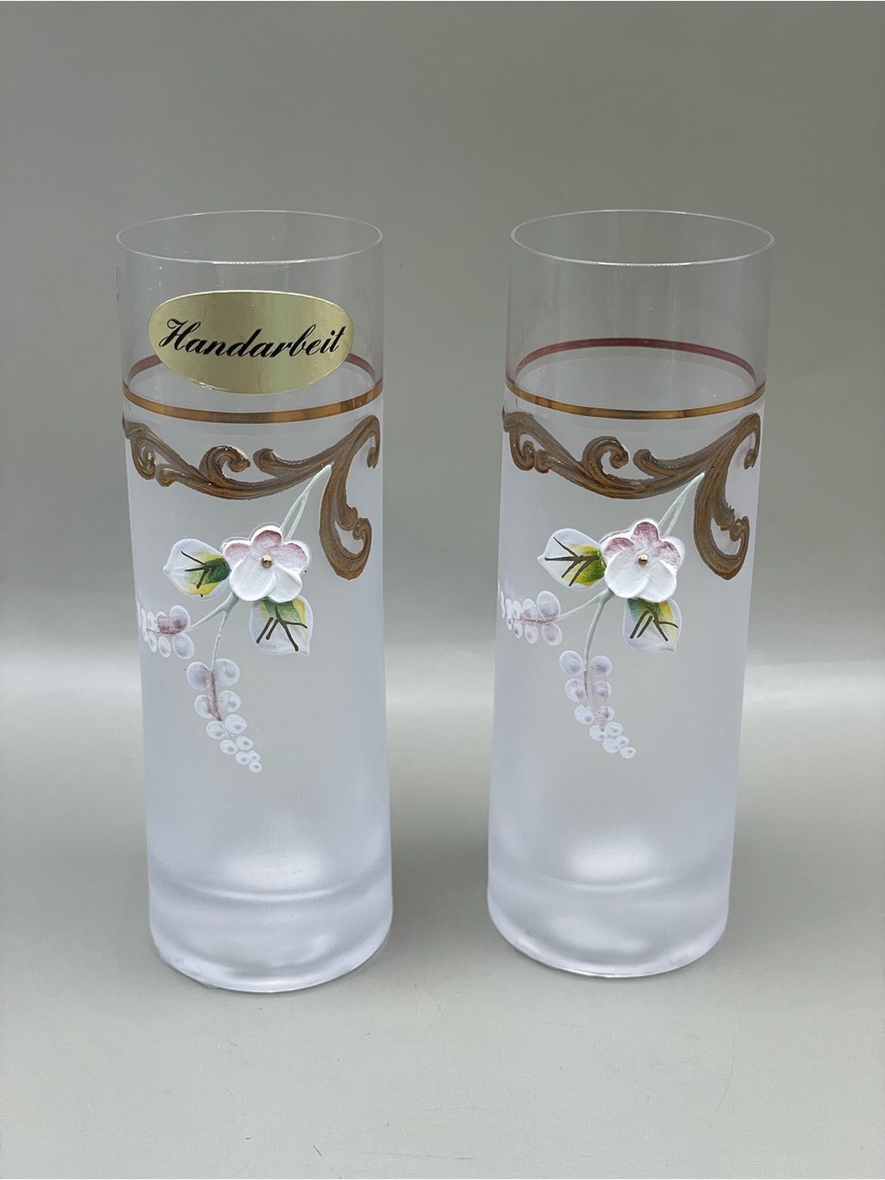 Vintage Handarbeit Germany HandPainted Floral Swirls Frosted Glasses Set Of 2